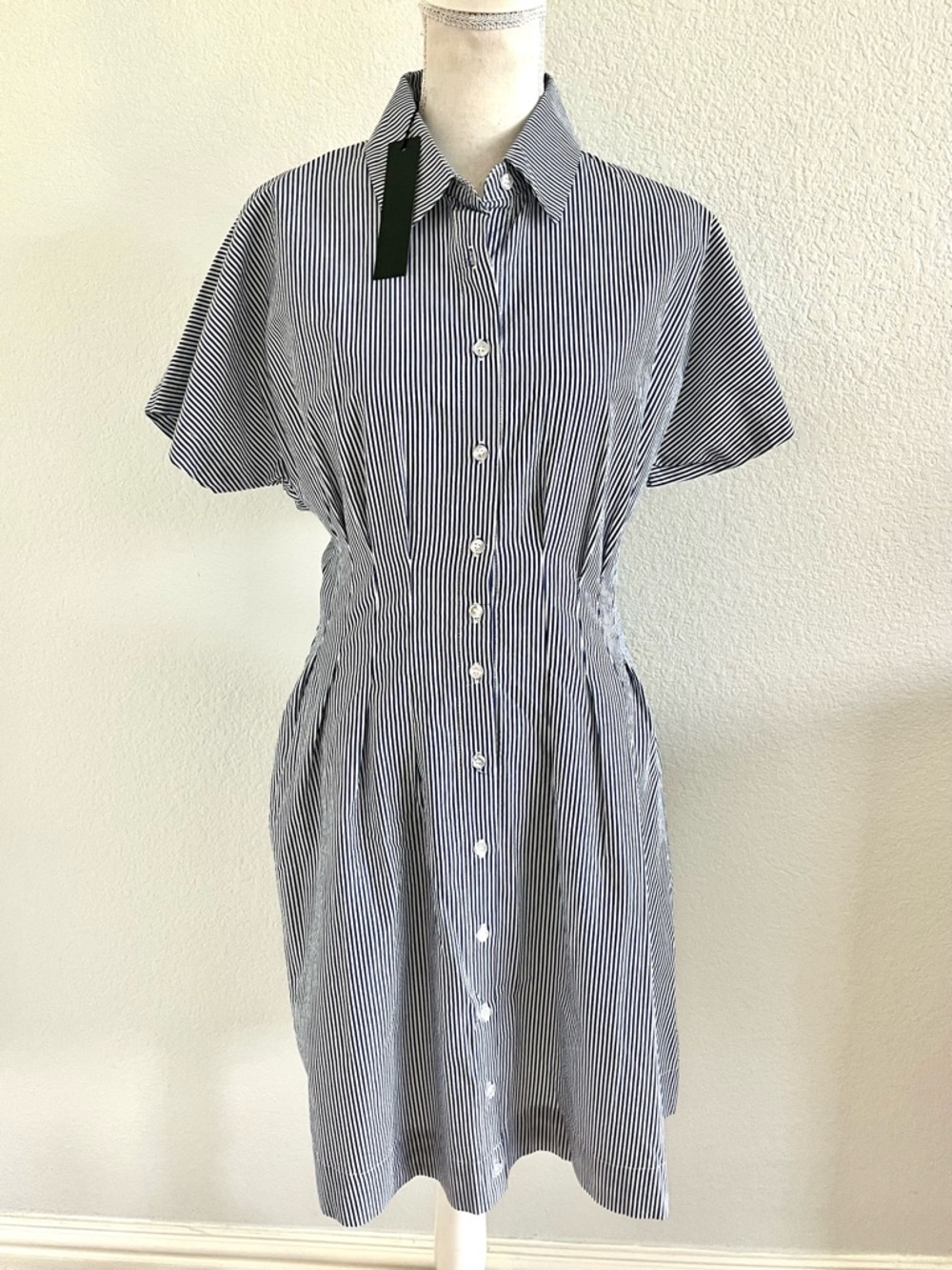 New Blue and White Pinstripe Button-Front Shirt Dress - Picture 3 of 5